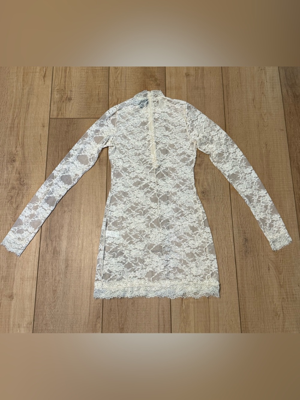 Current Mood Ivory Lace Mock Neck Mini Dress Sheer Romantic Coquette Size Small - Picture 2 of 7